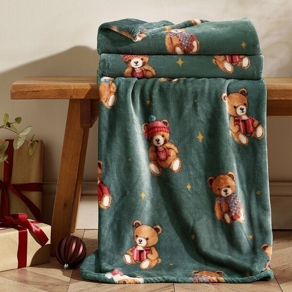 Тъмнозелено одеяло с коледен мотив 170x130 cm Christmas Tartan Teddy Bear – Catherine Lansfield