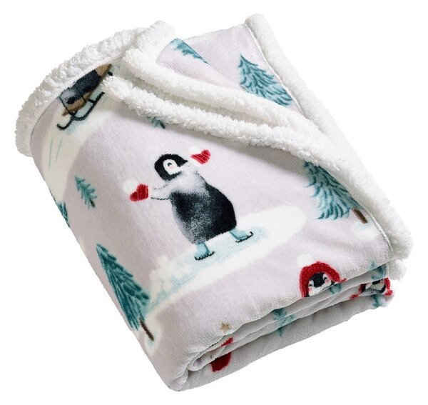 Бяло одеяло с коледен мотив 170x130 cm Christmas Sherpa Penguins – Catherine Lansfield