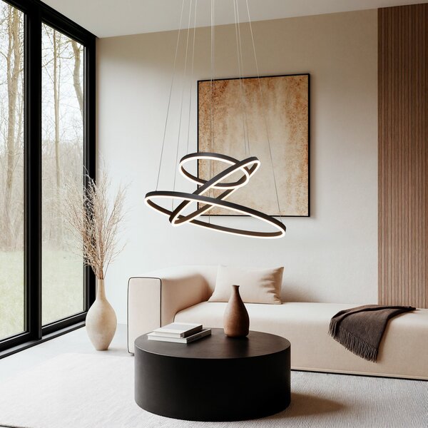 Arcchio LED висящо осветление Albiona, черно, 3 пръстена, Ø 80 cm, Затъмняване, Черен, Дневна/трапезария, Метал, Модерен