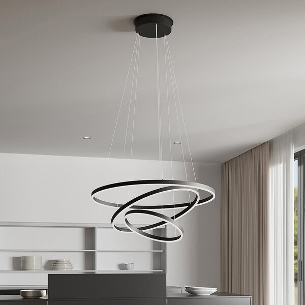 Arcchio LED висящо осветление Albiona, черно, 3 пръстена, Ø 80 cm, Затъмняване, Черен, Дневна/трапезария, Метал, Модерен