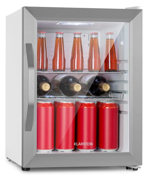 Klarstein Beersafe M Crystal White, охладител, 33 литра, 2 рафта, панорамна стъклена врата, неръждаема стомана