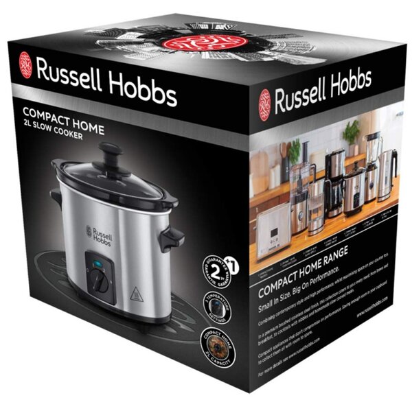 Уред за бавно готвене Slow Cooker Russell Hobbs Compact Home 25570-56, 145W, 2 л, 3 темп. настройки, Керамичен съд, Без BPA и PFAS, Черен/инокс