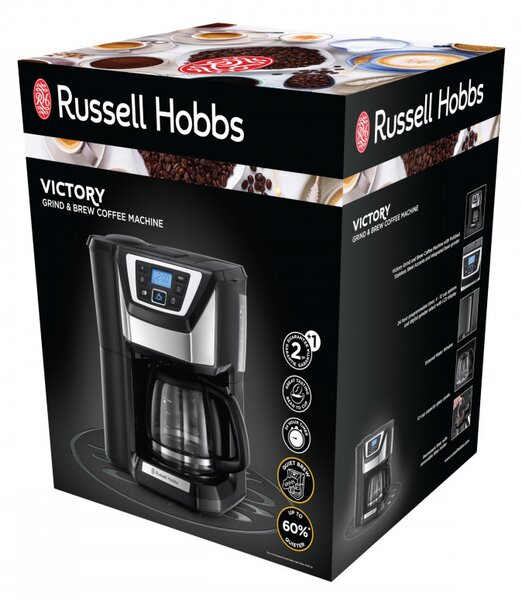 Кафемашина с вградена мелачка Russell Hobbs Victory Grind & Brew 22000-56, 1025W, 1.5 л, 250 гр, 12 чаши, Таймер, Вграден филтър, Черен/инокс