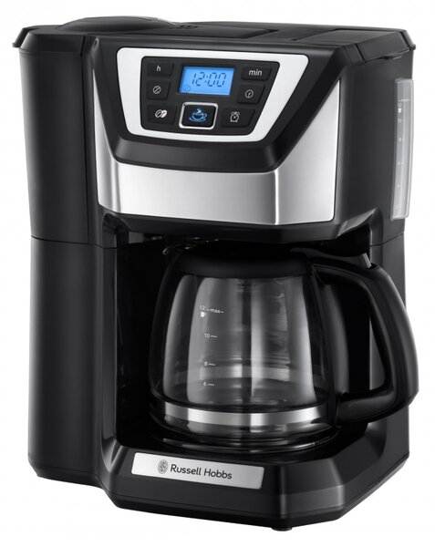 Кафемашина с вградена мелачка Russell Hobbs Victory Grind & Brew 22000-56, 1025W, 1.5 л, 250 гр, 12 чаши, Таймер, Вграден филтър, Черен/инокс