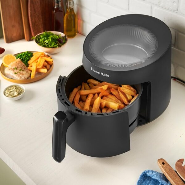 Фритюрник с горещ въздух Russell Hobbs SatisFry Panoramic 27420-56, 1650W, 5.5 л, 10 програми, Дигитален LED дисплей, Термостат, Таймер, Черен
