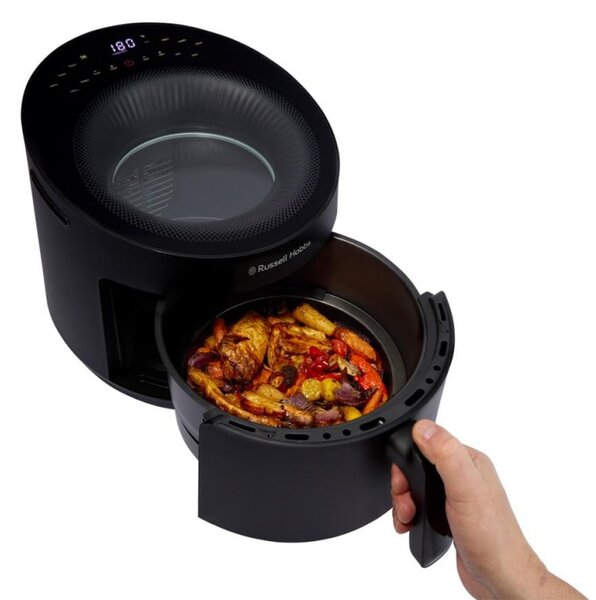 Фритюрник с горещ въздух Russell Hobbs SatisFry Panoramic 27420-56, 1650W, 5.5 л, 10 програми, Дигитален LED дисплей, Термостат, Таймер, Черен