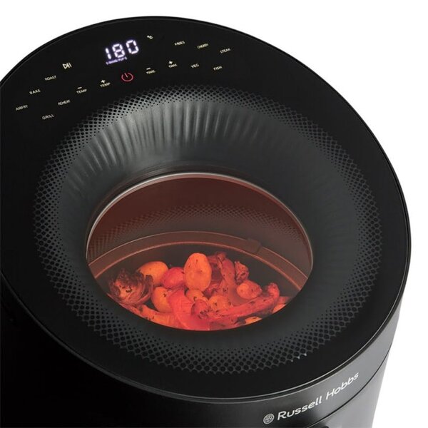 Фритюрник с горещ въздух Russell Hobbs SatisFry Panoramic 27420-56, 1650W, 5.5 л, 10 програми, Дигитален LED дисплей, Термостат, Таймер, Черен