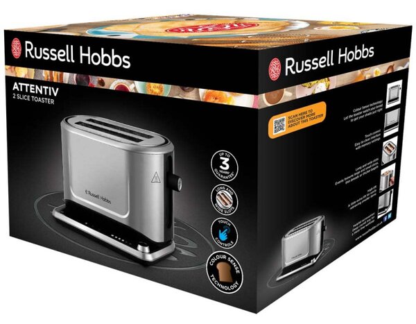 Тостер за хляб Russell Hobbs Attentiv 26210-56, 1640W, 2 филии, 6 степени, Центриране, Сензорно управление, LED, Запаметяване, Високо повдигане, Без BPA и PFAS, Инокс/черен