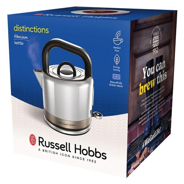 Електрическа кана Russell Hobbs Distinctions Titanium 26422-70, 2400W, 1.5 л, Бързо завиране, Миещ се филтър против котлен камък, 360° основа, Защити, Инокс/титан