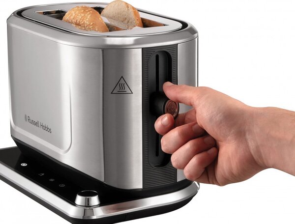 Тостер за хляб Russell Hobbs Attentiv 26210-56, 1640W, 2 филии, 6 степени, Центриране, Сензорно управление, LED, Запаметяване, Високо повдигане, Без BPA и PFAS, Инокс/черен
