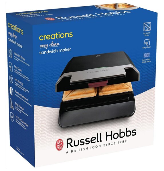 Сандвич тостер Russell Hobbs Creations 26800-56, 750W, 4 филии, Незалепващи плочи, Бързо загряване, Индикатори, Черен/инокс