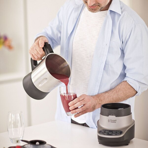 Блендер за супа с нагревател Russell Hobbs Soup & Blend 21480-56, 1200W, 1.75L, 8 програми, Звук, Поддържане на топлина, Черен/инокс