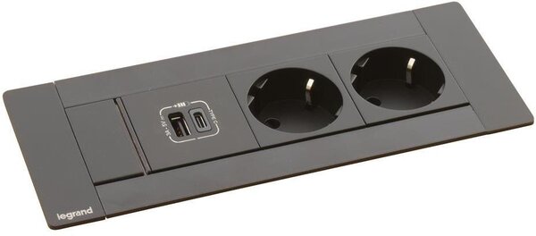 Legrand Мебелна кутия с 2х Шуко и USB тип A+C, кабел 2m, 202x80mm, цвят ЧЕРЕН, Incara Multilink - 654786