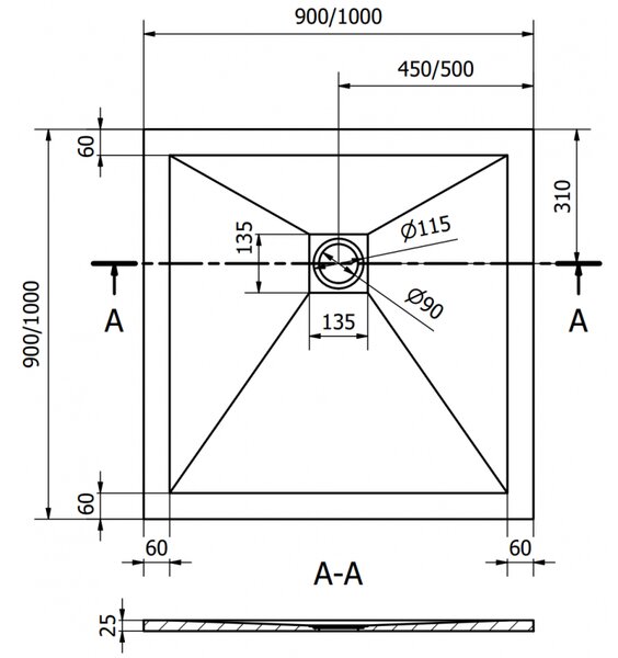 Mexen Stone+ квадратен композитен душ корито 90 x 90 cm, бял, златна капачка - 44109090-G