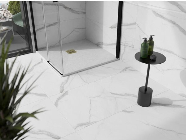 Mexen Stone+ квадратен композитен душ корито 90 x 90 cm, бял, златна капачка - 44109090-G