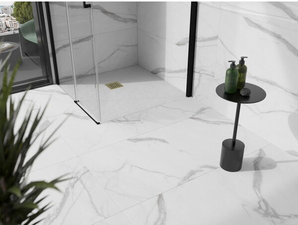 Mexen Stone+ квадратен композитен душ корито 90 x 90 cm, бял, златна капачка - 44109090-G