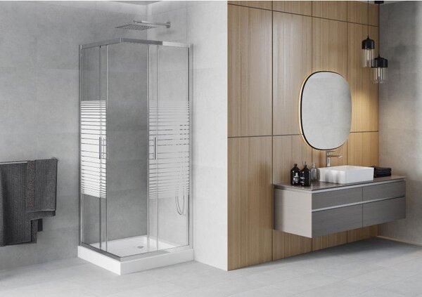Mexen Rio квадратна душ кабина 80 x 80 см, бели ленти, хром + душ корито, бял - 860-080-080-01-20-4510