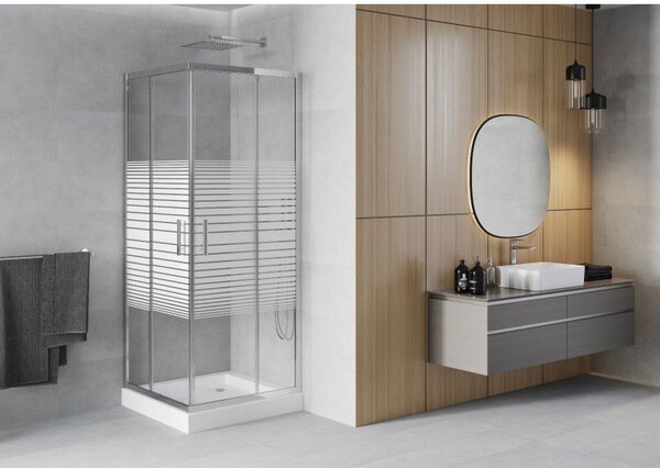 Mexen Rio квадратна душ кабина 80 x 80 см, бели ленти, хром + душ корито, бял - 860-080-080-01-20-4510