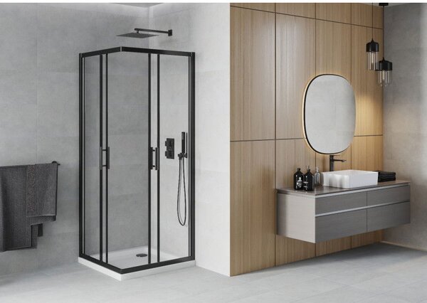 Mexen Rio квадратна душ кабина 80 x 80 см, прозрачна, черна + Flat поддушово корито, бяло - 860-080-080-70-00-4010B
