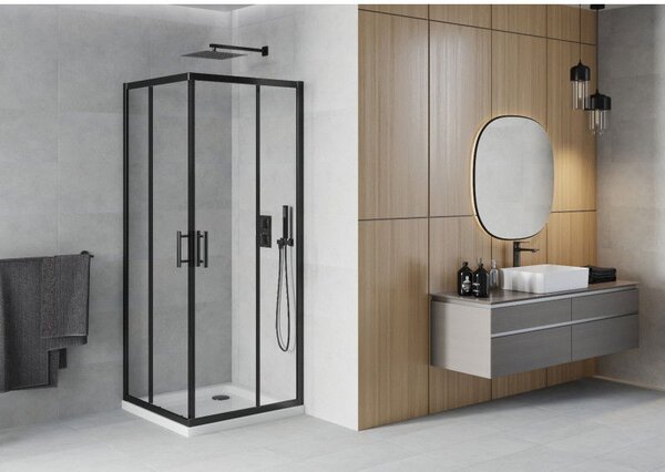 Mexen Rio квадратна душ кабина 80 x 80 см, прозрачна, черна + Flat поддушово корито, бяло - 860-080-080-70-00-4010B