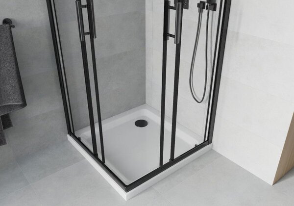 Mexen Rio квадратна душ кабина 80 x 80 см, прозрачна, черна + Flat поддушово корито, бяло - 860-080-080-70-00-4010B