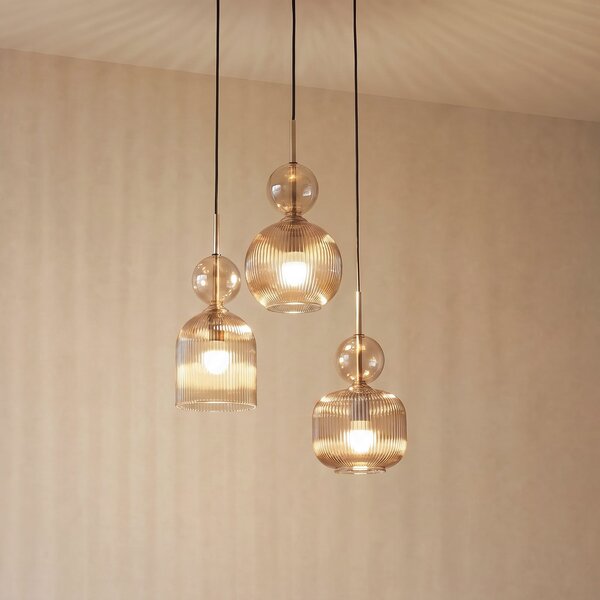 TK Lighting Висяща лампа „София“, с 3 лампи, Ø 41 см, коняк/черно, E14, Затъмняване, Сив, Дневна/трапезария, Стъкло