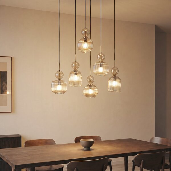 TK Lighting Висяща лампа „София“, с 6 лампи, 65 см, коняк/черно, E14, Затъмняване, Сив, Дневна/трапезария, Стъкло
