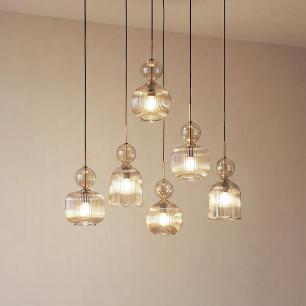TK Lighting Висяща лампа „София“, с 6 лампи, 65 см, коняк/черно, E14, Затъмняване, Сив, Дневна/трапезария, Стъкло