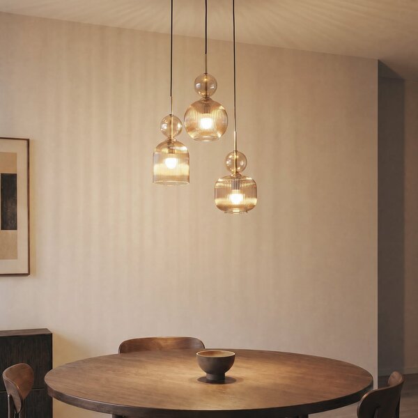 TK Lighting Висяща лампа „София“, с 3 лампи, Ø 41 см, коняк/черно, E14, Затъмняване, Сив, Дневна/трапезария, Стъкло