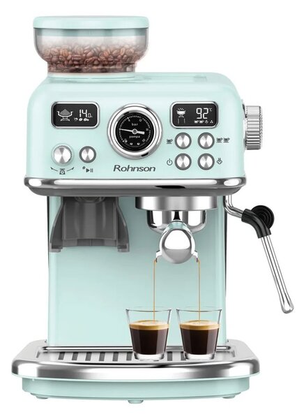 Кафемашина еспресо Rohnson R-98250G, 1500W, 20 bar, 1.8л. резервоар, двоен филтър от неръждаема стомана, самопочистваща система, 20 настройки на мелачката, зелена