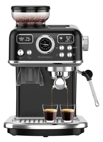 Кафемашина еспресо Rohnson R-98250B, 1500W, 20 bar, 1.8л. резервоар, двоен филтър от неръждаема стомана, самопочистваща система, 20 настройки на мелачката, черна