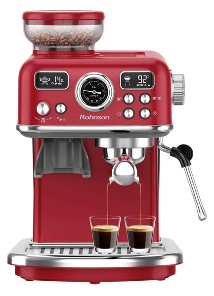 Кафемашина еспресо Rohnson R-98250R, 1500W, 20 bar, 1.8л. резервоар, двоен филтър от неръждаема стомана, самопочистваща система, 20 настройки на мелачката, червена