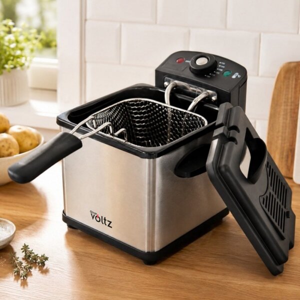 Мини фритюрник Oliver Voltz OV51980CG, 1000W, 1.2 л, 0-190°C, Неръждаема стомана, Светлинни индикатори, Инокс/черен
