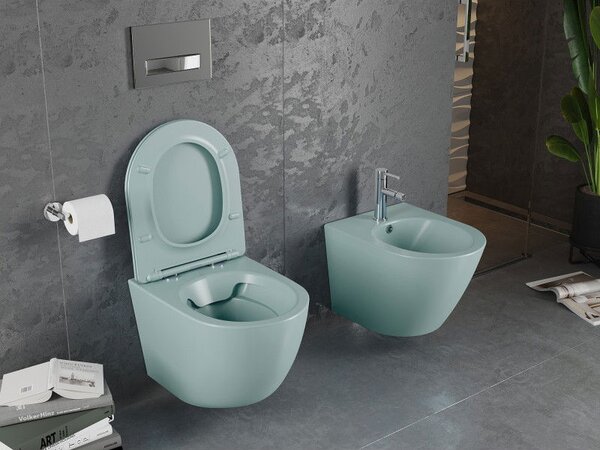 Mexen Lena WC чиния Rimless с тънка тоалетна седалка, забавено падане, дуропласт, светло зелен мат - 30224048