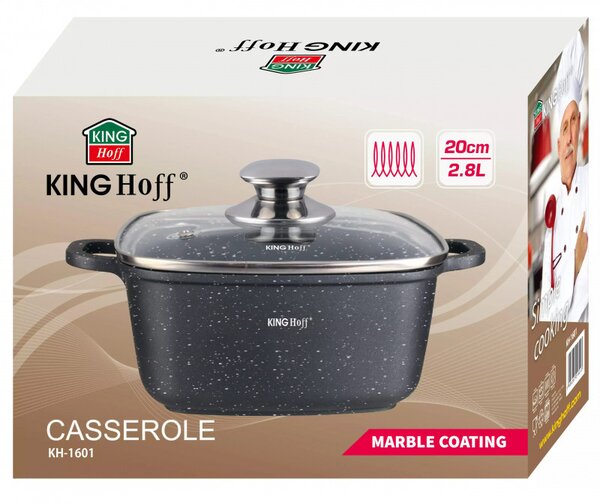 Тенджера за фурна и котлон Kinghoff KH 1601, 20x20 см, 2.8 л, Мраморно покритие, Индукция, Черен