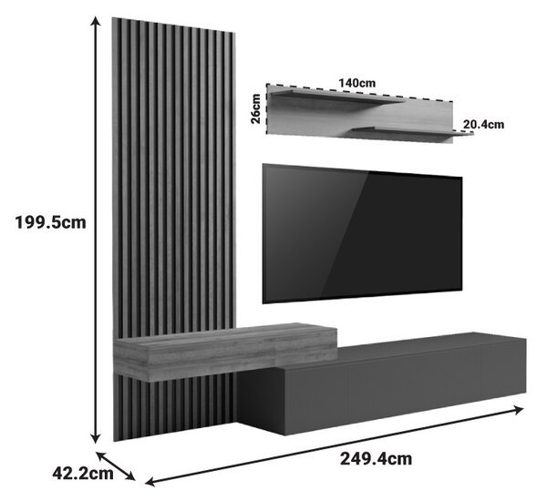 Litende тъмно сиво 249.4x42.2x199.5 cm Комплект скрин за телевизор Litende