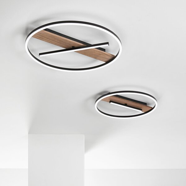 Luce Ambiente Design LED стенна лампа Azimuth, Ø 50 см, черно/в цвят на дърво, метал, Черен, Дневна/трапезария, Алуминий, Модерен
