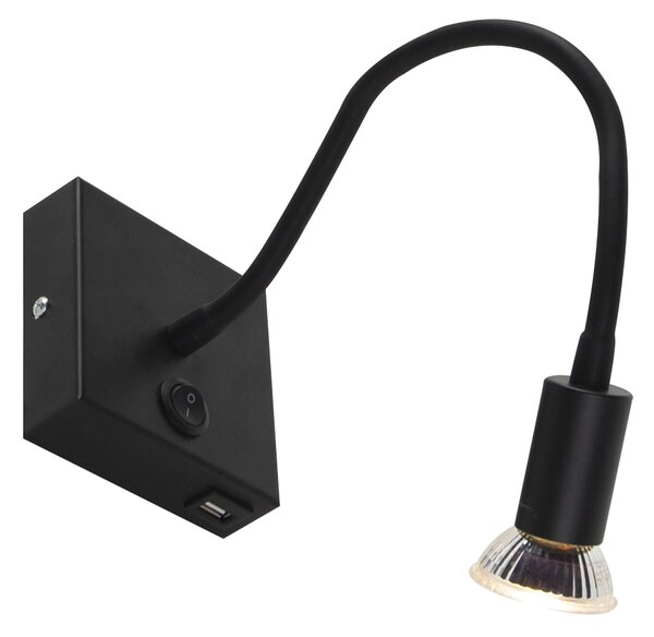 Модерна гъвкава стенна лампа USB черна - Zeno