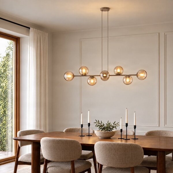 EMIBIG LIGHTING Висяща лампа „Роси“, бежова, дължина 130 см, 8-лампова, стъкло/метал, Затъмняване, Бежов, Дневна/трапезария, Стъкло, Модерен, Глобус