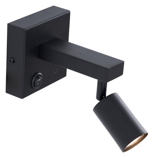 Модерна черна стенна лампа с USB-C, накланяща се - Rex