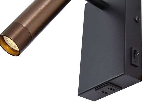 Модерна стенна лампа черна с тъмен бронз, регулируема с USB-C - Croft