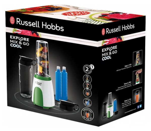 Блендер Russell Hobbs Explore Mix & Go Cool 25160-56, 300 W, 600 мл, Без BPA, Неръждаема стомана, Ергономичен дизайн, Бял/зелен