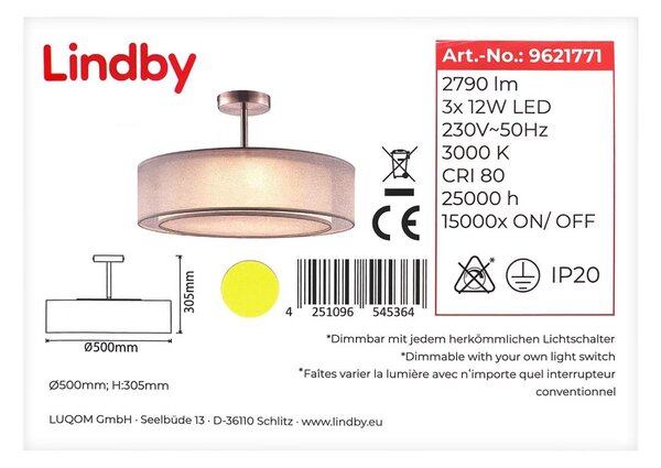 Lindby - LED Димируем пендел PIKKA 3xLED/12W/230V