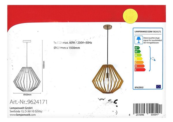 Lindby - Пендел SIGGIE 1xE27/60W/230V