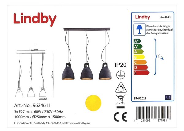 Lindby - Пендел IBU 3xE27/60W/230V