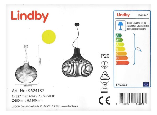 Lindby - Пендел FRANCES 1xE27/60W/230V