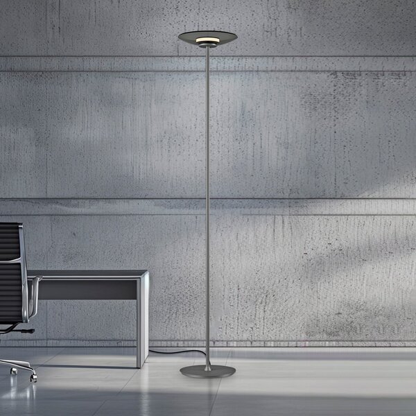 PURE LED стояща лампа Moon, платинен цвят, опушено стъкло, 180 см, Затъмняване, Сив, спалня, Алуминий, Модерен