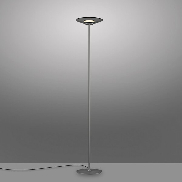 PURE LED стояща лампа Moon, платинен цвят, опушено стъкло, 180 см, Затъмняване, Сив, спалня, Алуминий, Модерен