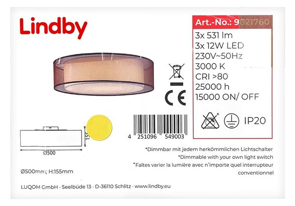 Lindby - LED Димируем плафон AMON 3xLED/12W/230V