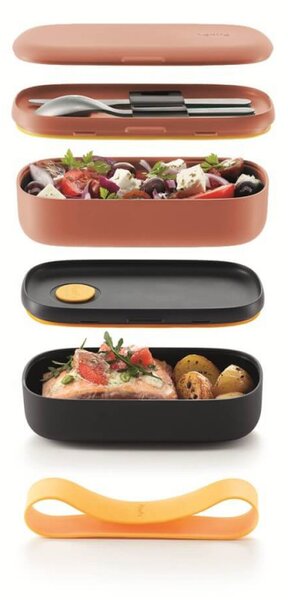 Комплект 2 бр кутии за храна Lekue On The Go 1010221, 500 мл, Херметично затваряне, Отделение за прибори, Клапан за микровълнова, Корал